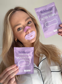 Woman Using & Holding a Pack of Nose Strip and Mouth Tape