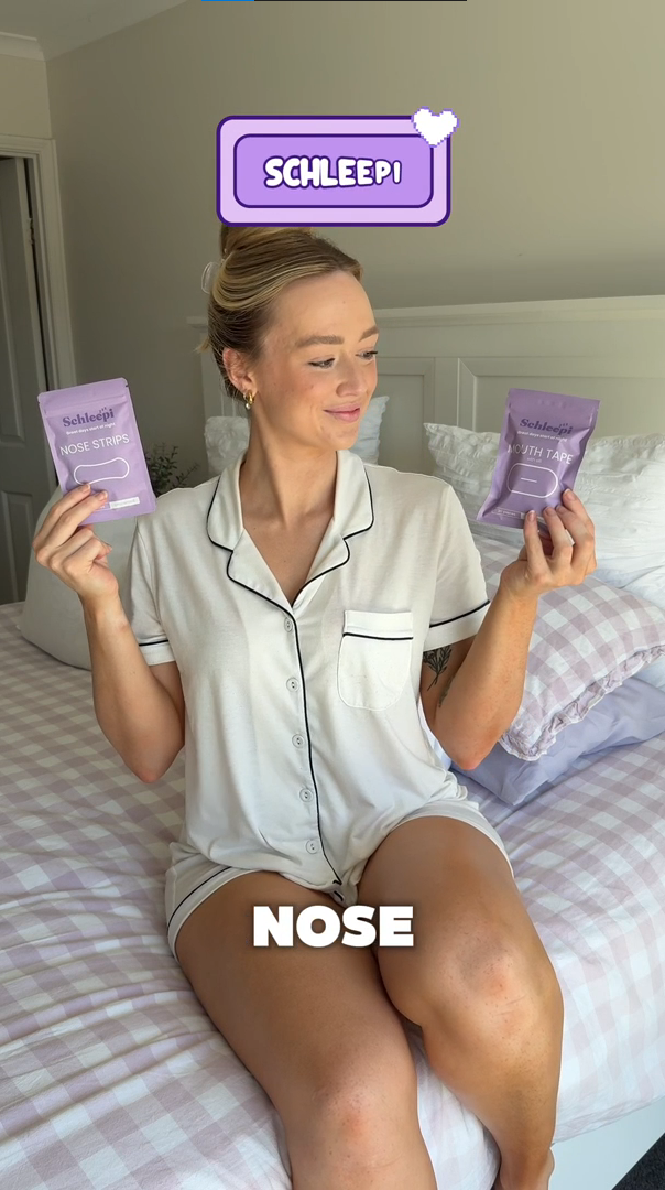 A Woman Promoting Schleepi Mouth Tape and Nose Strips